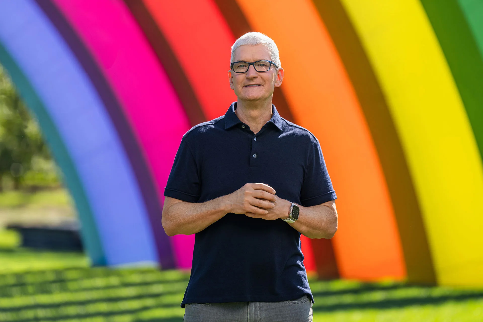 Tim Cook speaking at an Apple Park event